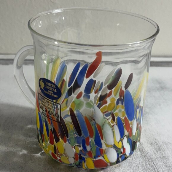Murano Venetian White Crystal Confetti Studio Art Glass Mug Hand Blown Italy New - Picture 6 of 13